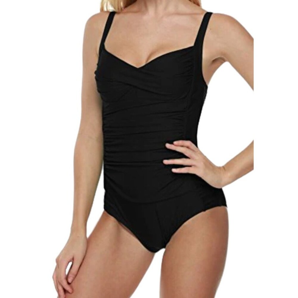 Ekouaer Womens Retro Ruched Tummy Control Push Up One Piece Swimsuit Black Sz L